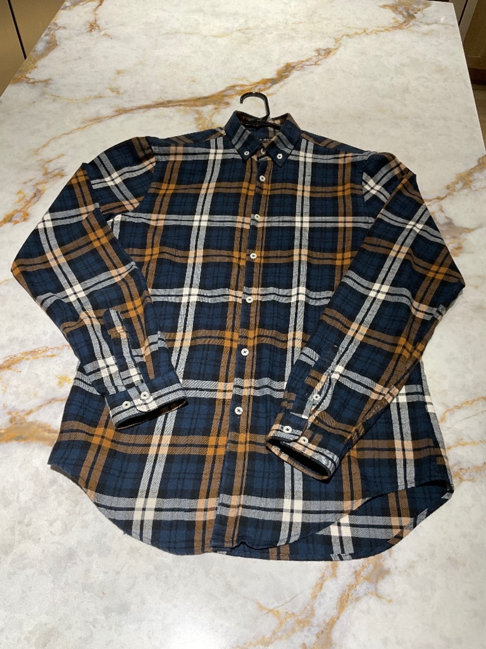 Zara Plaid Long-Sleeve Shirt – Navy blue, white, mustered color